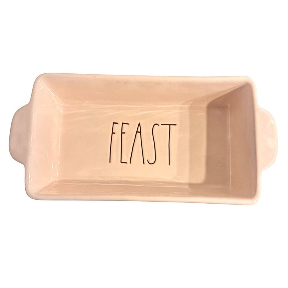 Rae Dunn Artisan Collection Magenta White Loaf Dish With FEAST on It. 9”x5”.